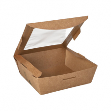 3 x 40 Feinkostboxen, Pappe mit Sichtfenster aus PLA eckig 650 ml 4,5 cm x 12 cm x 12 cm braun 100% Fair