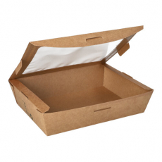 4 x 40 Feinkostboxen, Pappe mit Sichtfenster aus PLA pure eckig 1000 ml 4,5 cm x 18 cm x 13,5 cm braun 100% Fair