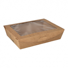 40 Feinkostboxen, Pappe mit Sichtfenster aus PLA pure eckig 1000 ml 4,5 cm x 18 cm x 13,5 cm braun 100% Fair