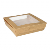 25 Feinkostboxen, Pappe mit Sichtfenster aus PLA eckig 1500 ml 19 cm x 19 cm x 5 cm braun