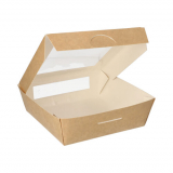 4 x  25 Feinkostboxen, Pappe mit Sichtfenster aus PLA eckig 1000 ml 16 cm x 16 cm x 5 cm braun