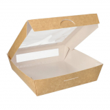 4 x  25 Feinkostboxen, Pappe mit Sichtfenster aus PLA eckig 1500 ml 19 cm x 19 cm x 5 cm braun